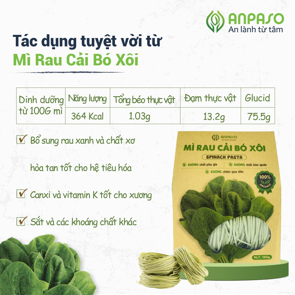 Mì Rau Eat Clean Cải Bó Xôi Hữu Cơ Organic Anpaso, Giảm Cân, ăn chay, ăn kiêng, không chiên nóng, tốt cho tiêu hóa 120g