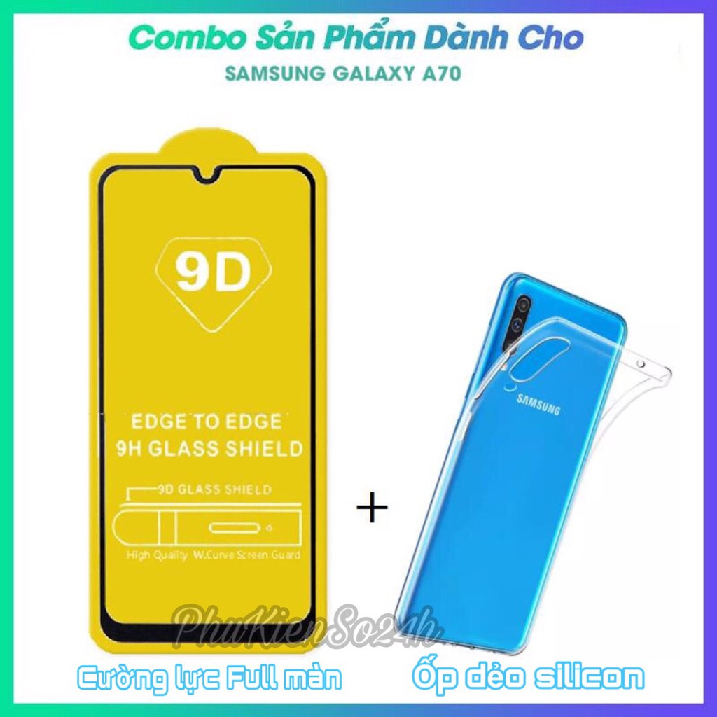 Kính cường lực 9D cho Galaxy A70 2019 Full màn hình+Ốp dẻo silicon trong suốt loại xịn