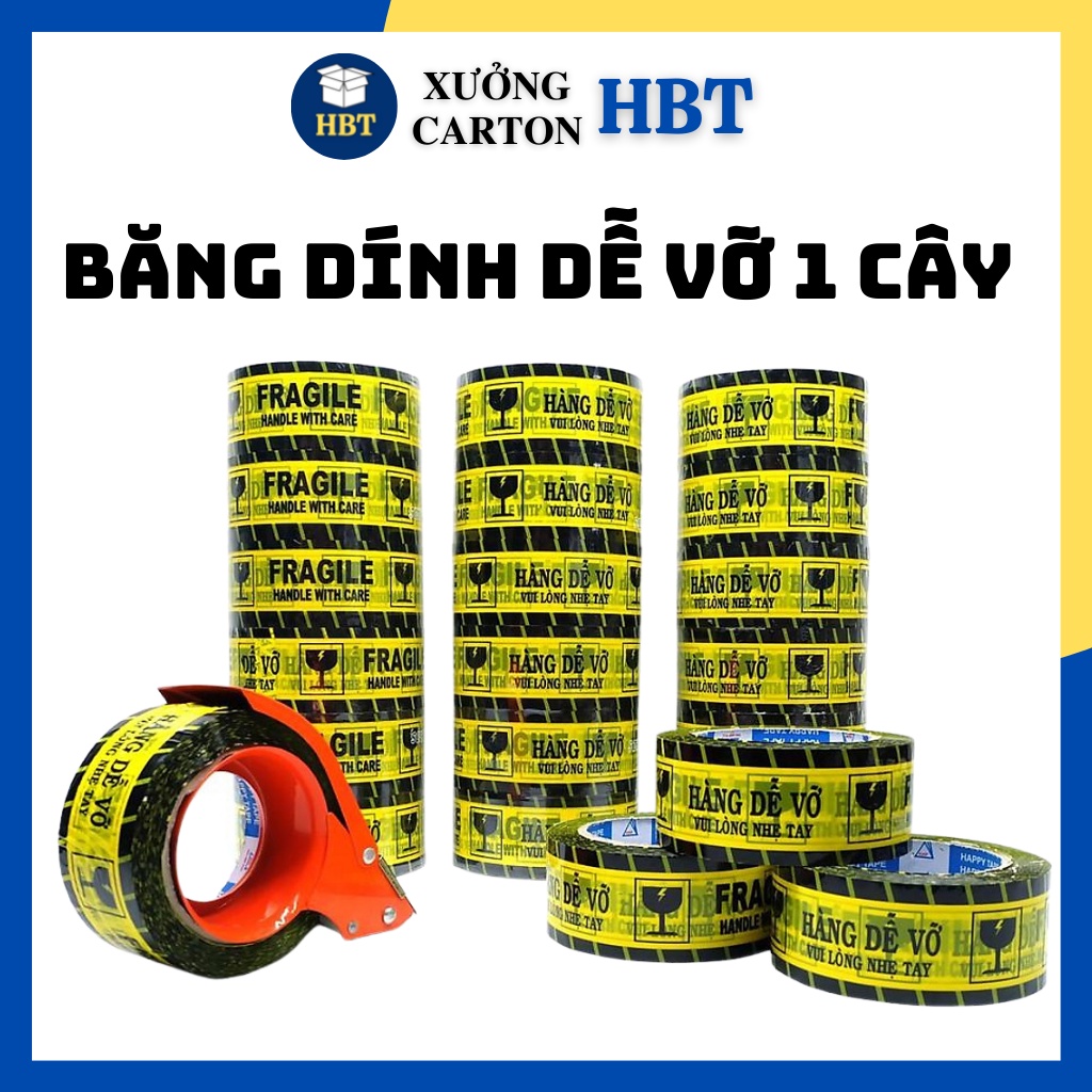 [1 CÂY] Băng keo niêm phong  hàng dễ vỡ màu vàng   ( 6 cuộn /1 cây) đóng hàng giá tại xưởng