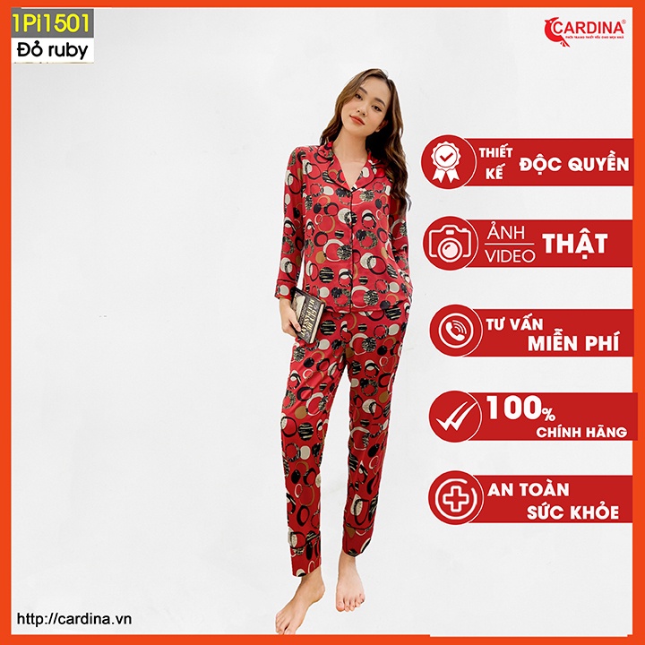 Đồ bộ pijama nữ CARDINA chất lụa satin Nhật cao cấp quần dài áo cộc tay họa tiết tinh tế thanh lịch 1Pi15.