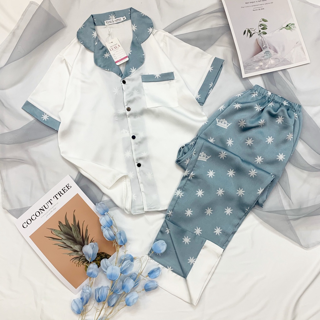 Bộ Pijama Lụa Satin Phối Hàn - Bộ Mặc Nhà Cộc Dài