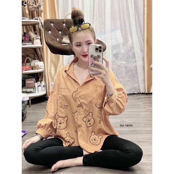 Sét Bộ Đồ ,sét bộ áo sơ mi quần legging,et Bộ Đồ Đi Chơi Nữ Áo Sơ Mi Mickey Quần Legging Lửng Ngố"
