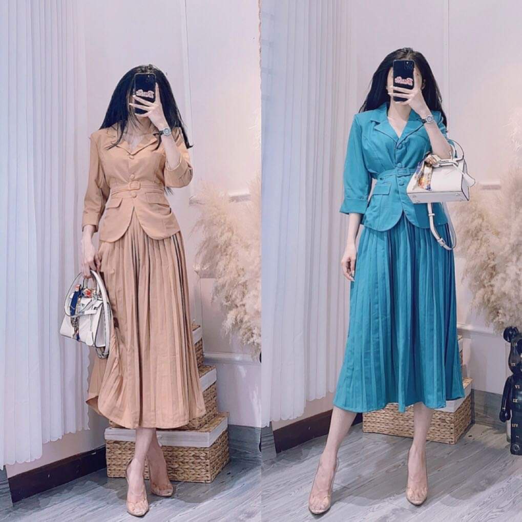 SET VEST NỮ CÔNG SỞ VỚI ÁO VEST VÀ CHÂN VÁY XẾP LY DÀI CÓ 2 MÀU XANH VÀ NU