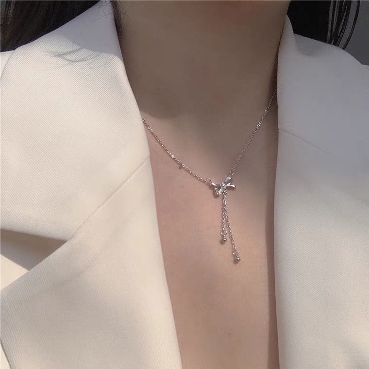 Dây Chuyền Nơ Đính Đá 2 Tua Rua Bi - Vani Store - TS000637