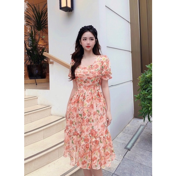 Váy xòe hoa dự tiệc cap cấp dáng dài tay bồng xinh chất liệu tơ 2 lớp dày dặn | BigBuy360 - bigbuy360.vn