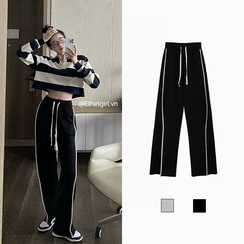 Quần thể thao ống rộng lưng thun co giãn phong cách Hàn Quốc cổ điển sành điệu cho nữ