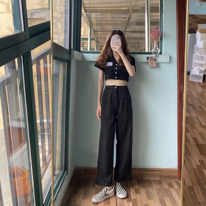 Áo croptop tay ngắn cài cúc BS chất Bozip, 3 màu trắng/hồng/đen VST | BigBuy360 - bigbuy360.vn