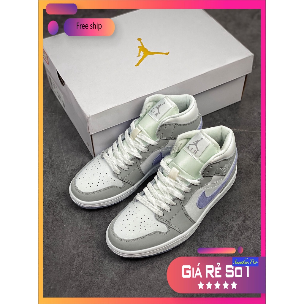 (FULL BOX+ SALE) Giày thể thao Air Jordan 1 Mid Wolf Grey Aluminum (W) cổ cao hot trend, siêu phong cách cho nam nữ