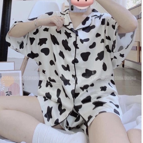 Bộ pijama tay cọc, quần đùi . Set đồ ngủ bò sữa họa tiết siêu xinh