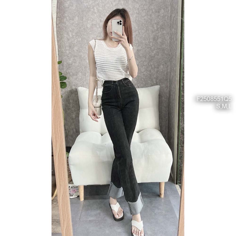 Quần jean dài ống suông lật lai lưng cao tôn dáng!