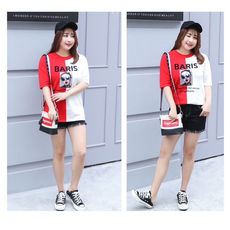 áo len thun big size phối 2 màu hình cô gái size 70-80kg