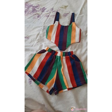 Bộ Áo Hai Dây + Quần Ngắn Lưng Cao Họa Tiết Sọc Cầu Vồng Thời Trang Mùa Hè Cho Bé Gái 0-4 Tuổi