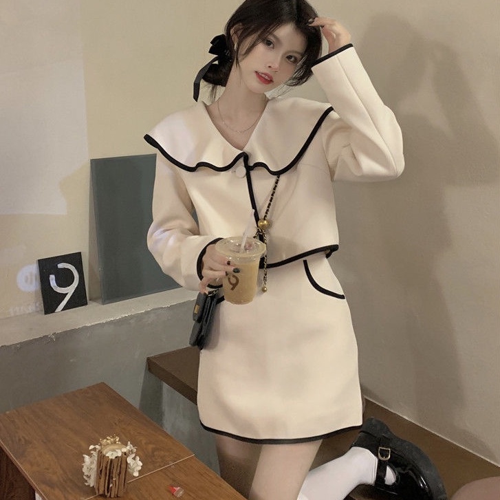 Set Áo Khoác Cardigan Tay Dài Dáng Rộng + Chân Váy Lưng Cao Thời Trang Pháp Cho Nữ