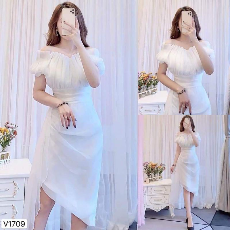 [VÁY ĐI TIỆC CAO CẤP] Váy trắng trễ vai bèo xếp ly tiểu thư - đầm thiết kế cao cấp | BigBuy360 - bigbuy360.vn