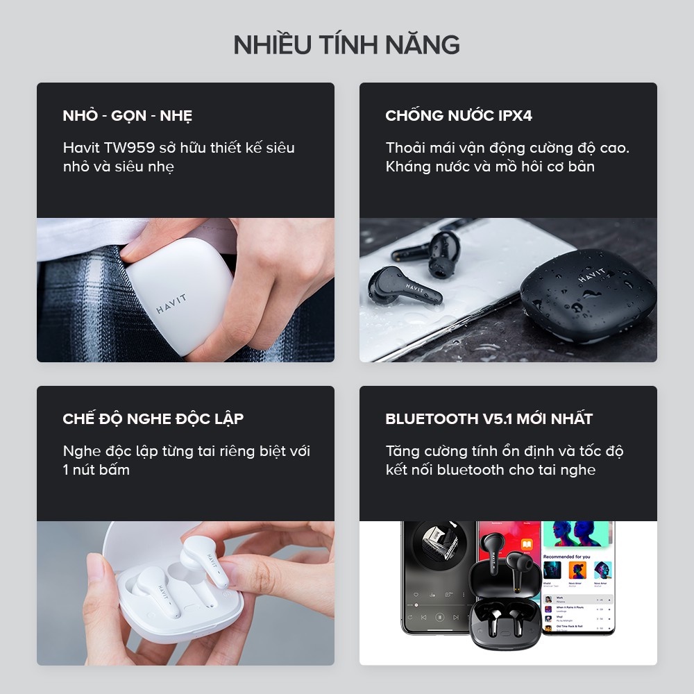 Tai Nghe TWS Havit TW959, Bluetooth 5.1, Gamemode 65ms, Nghe Độc Lập, Nghe Đến 20 Giờ - Chính Hãng BH 12 Tháng Dizigear