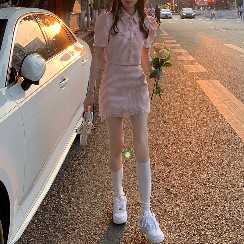 Set Áo Váy Ngắn Len Dệt Kim Quảng Châu Ôm Body Siêu Tôn Dáng