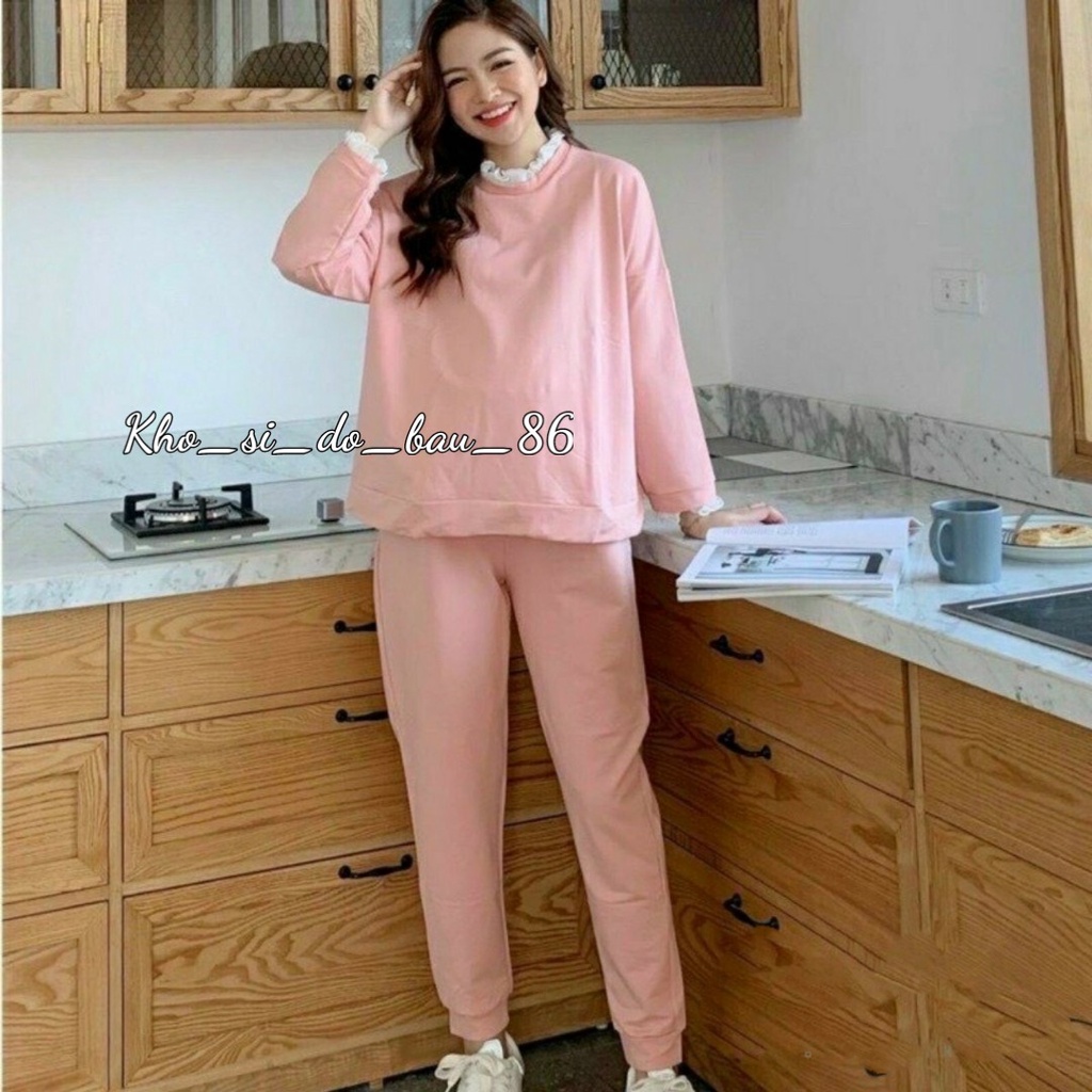 Bộ đồ bầu dài tay thu đông chất da cá cao cấp cổ ren siêu xinh phong cách Hàn Quốc BD908
