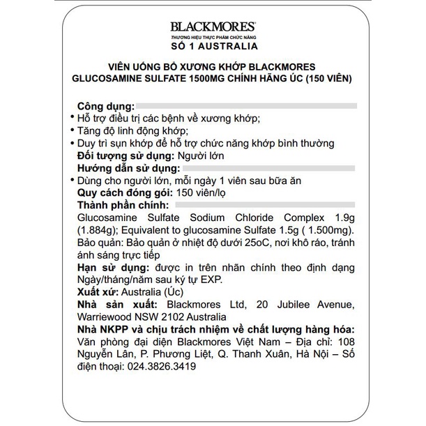 [Chính hãng Úc] Viên uống bổ xương khớp Glucosamine 1500mg Blackmores 150 viên - Date mới