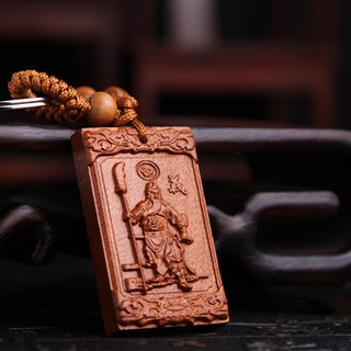 Móc khoá gỗ phong thuỷ khắc thủ công hình thánh Quan Công Cầm Đao