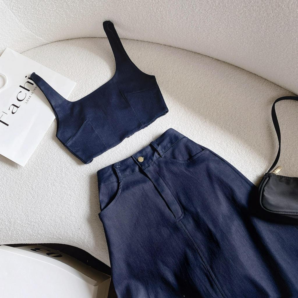 SET ÁO 2 DÂY DENIM BO THUN LƯNG + CHÂN VÁY MIDI