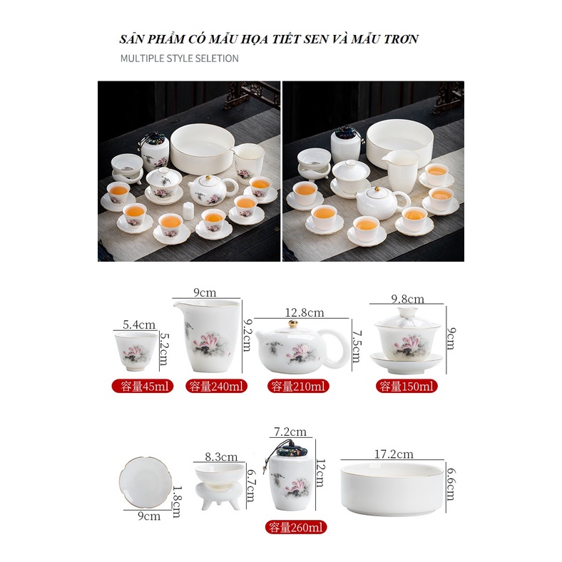 Bộ Ấm Chén Sứ Cảnh Đức Trấn Bằng Sứ Trắng Thanh Khiết Thấu Quang Họa Tiết Hoa Sen (Kèm Vali Sang Trọng Làm Quà Tặng)