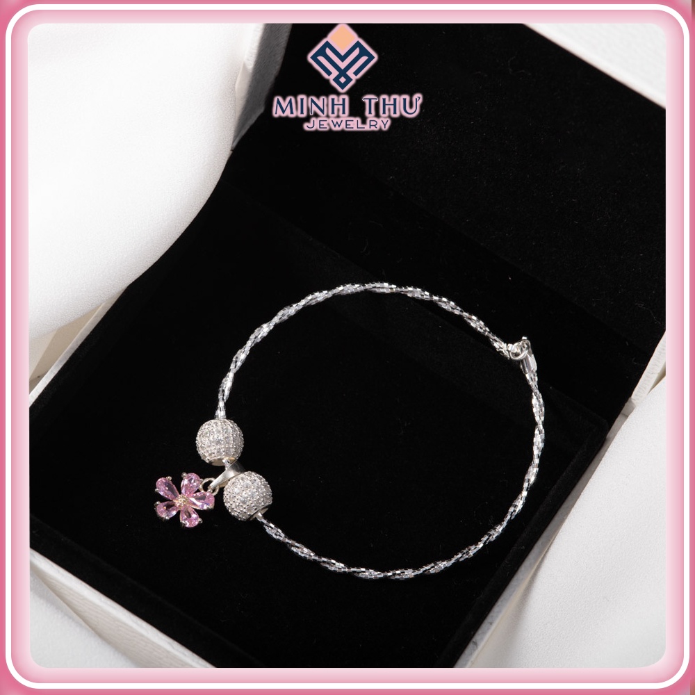 Lắc Tay Nữ Bạc 925 Mặt Bông Hoa Gắn Đá Hồng Kết Hợp Quả Cầu Trẻ Chung Cá Tính MINH THƯ JEWELRY MTL7140