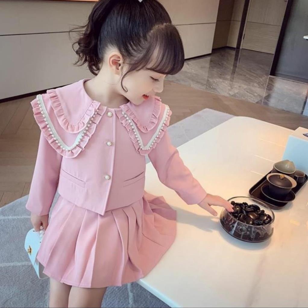 FREESHIP - CAM KẾT ĐẸP Set Vest cổ ngọc + chân váy cho bé gái - Chất Umi Hàn cực mềm mịn