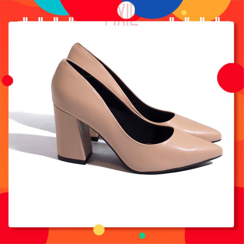 Giày Cao Gót 8cm Đế Vuông Mũi Nhọn Basic Màu Kem Pixie P159 B882fd