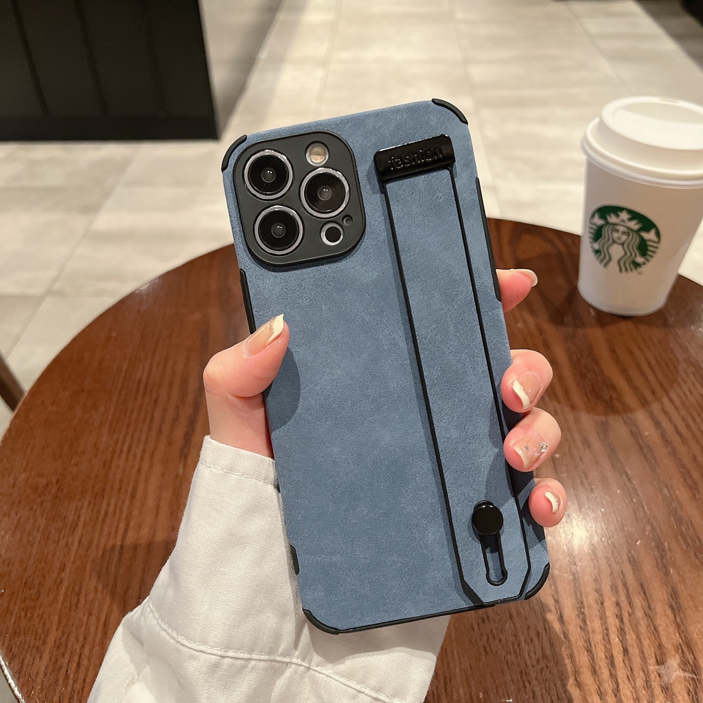 Ốp Điện Thoại Bằng Da Lộn Có Dây Vòng Tay Cho iPhone 14 13 12 11 pro max