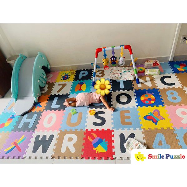 THẢM XỐP CHỮ CÁI + CHỮ SỐ/ CÔN TRÙNG SMILE PUZZLE (36 miếng, kích thước 1,8mx1,8m)