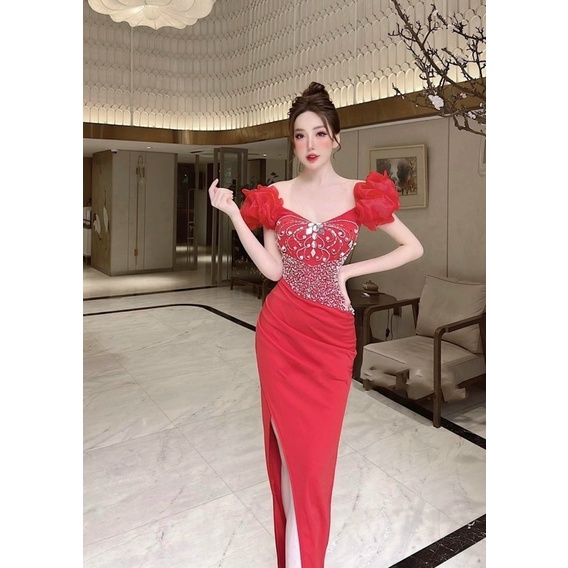 Đầm maxi bóy dự tiệc trễ vai nhúng phồng voan kính kết đá pha lê TRIPBLE T DRESS - size S/M/L - MS228Y