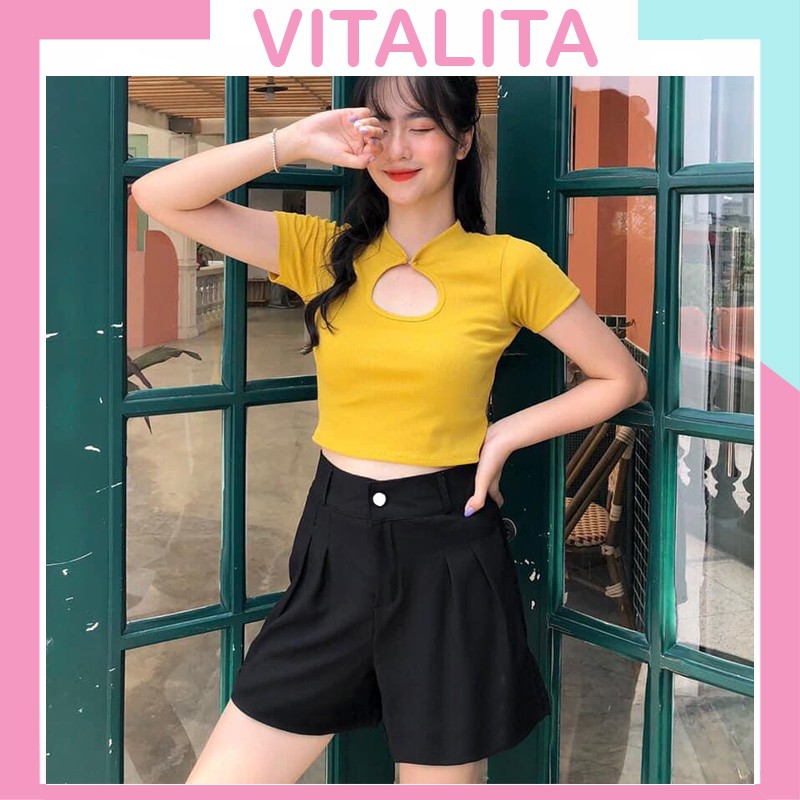 Quần Short nữ gập gấu lưng cao ống rộng màu Đen/ Trắng/ Kem/ Tím / Xanh - Mùa hè phối đồ cực xinh mặc cực mát | BigBuy360 - bigbuy360.vn