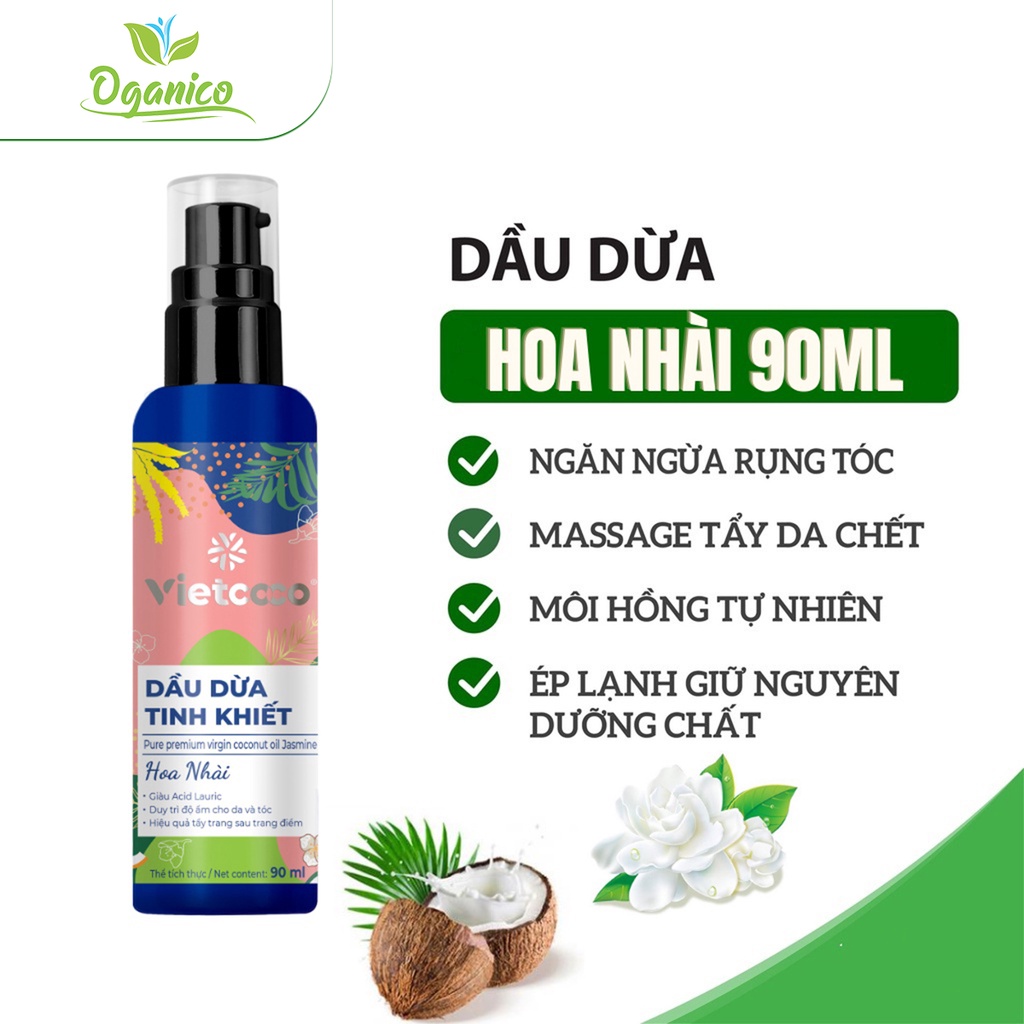 Dầu dừa tinh khiết Vietcoco ép lạnh hương hoa nhài 90ml dưỡng tóc, dưỡng da, tẩy trang