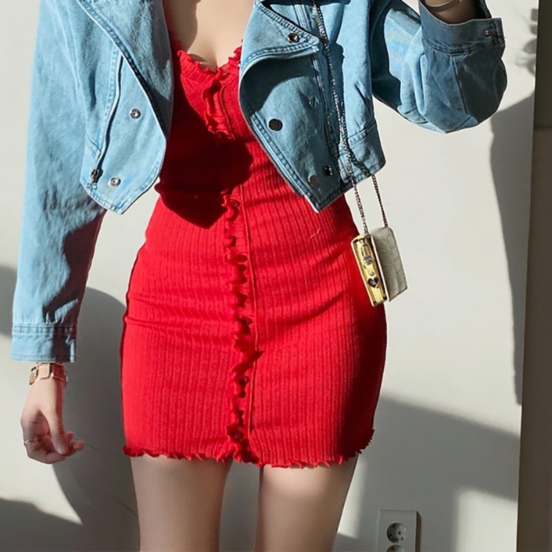 IELGY  Đầm Ren Cổ Chữ V Eo Cao Ngắn Tay Ôm Dáng Màu Trơn Thời Trang