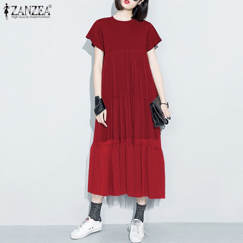 Đầm midi ZANZEA tay ngắn khâu ren hai lớp thời trang cho nữ