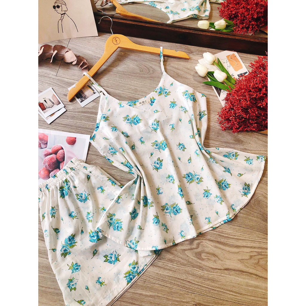 Set áo dây + quần short mặc nhà họa tiết hoa lá