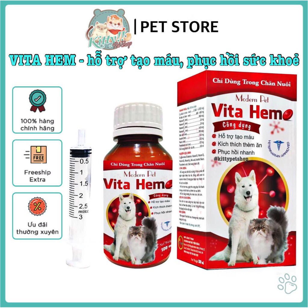 Vita Hem - Vitamin bồi bổ, hỗ trợ tạo máu, phục hồi sức khoẻ. kích thích thèm ăn dành cho chó, mèo Modern Pet 100ml