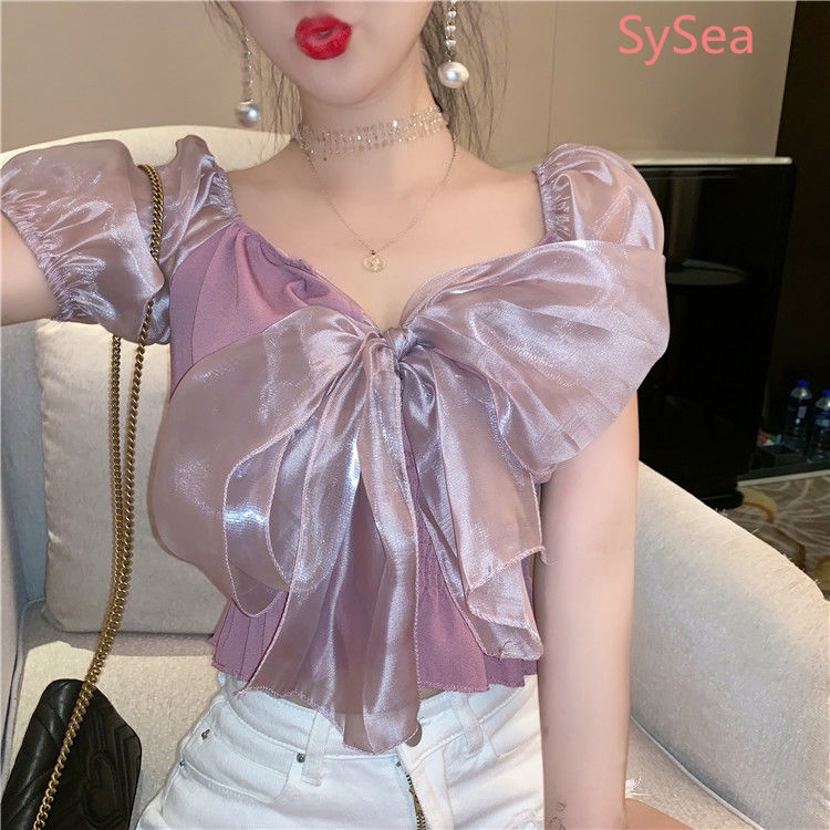 Áo Kiểu Ngắn Tay Phối Nơ Xinh Xắn Dành Cho Nữ