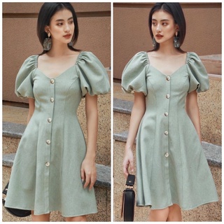 Đầm mint cổ V tay bo