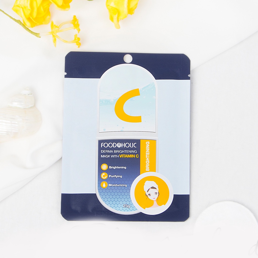 Combo 10 mặt Nạ tinh chất Vitamin C Dưỡng Trắng, mờ Thâm Foodaholic Derma Brightening Mask With VITAMIN C 23gx10