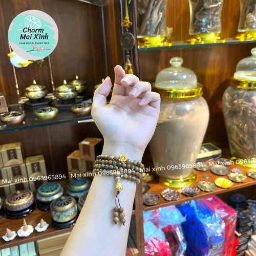 Chuỗi Trầm Hương Tốc Lào 108 hạt phối charm Hoa Sen + Bàn Tay Bạc Si  - Vòng Tay Gỗ tự nhiên Nữ phong thuỷ