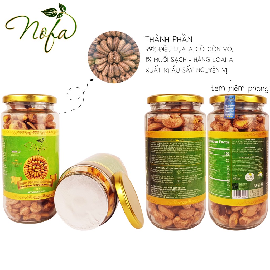 Hạt điều rang muối A cồ size lớn NOFA Thơm Giòn Ngậy 500g Điều Bình Phước xuất khẩu