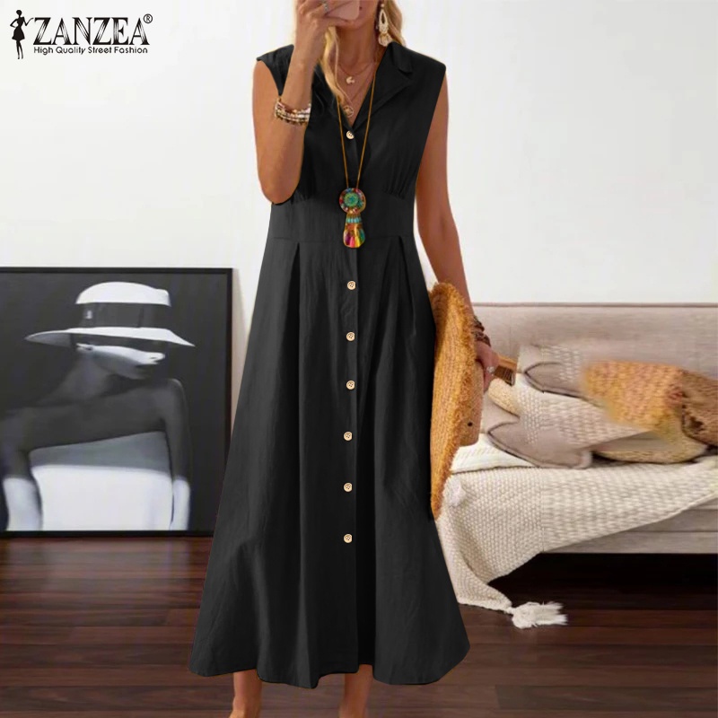 Zanzea Đầm Dài Chữ A Không Tay Cổ Bẻ Cài Nút Thời Trang Dành Cho Nữ