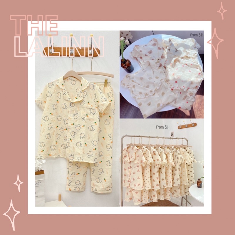 Set pijama cổ bẻ tay cộc quần dài hoạ tiết xinh . Bộ ngủ nữ pyjama hoạt hình dễ thương