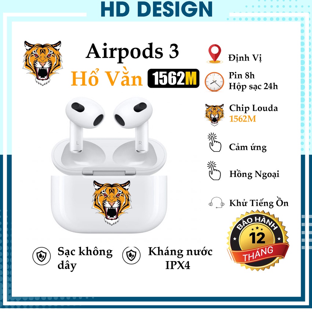 Tai Nghe Bluetooth AlR.PODS 3 Hổ Vằn Chip 1562M - Định Vị - Đổi Tên - Sạc Không Dây - Tích Hợp Âm Thanh Vòm