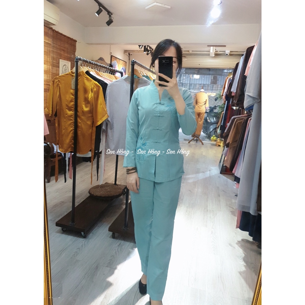 *️⃣ Bộ đồ lam Phật tử đi chùa - bà lai thêu hoa sen sắc nét vải kate loại 1 - Pháp Phục Sen Hồng mã B4