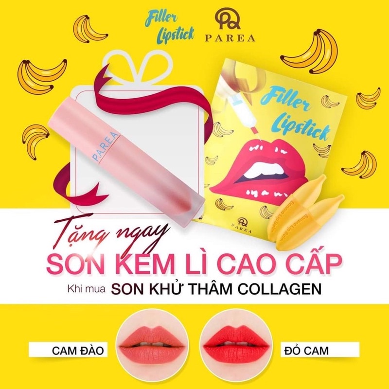 Son Filler Collagen Chuối Khử Thâm Parea cùng son màu Chu Lipstick, giúp môi căng mọng hồng hào