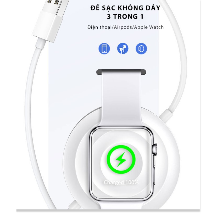 Đế sạc không dây 3in1 cho Iphone/Apple Watch/ Airpods tích hợp cáp sạc Lightning USAMS White