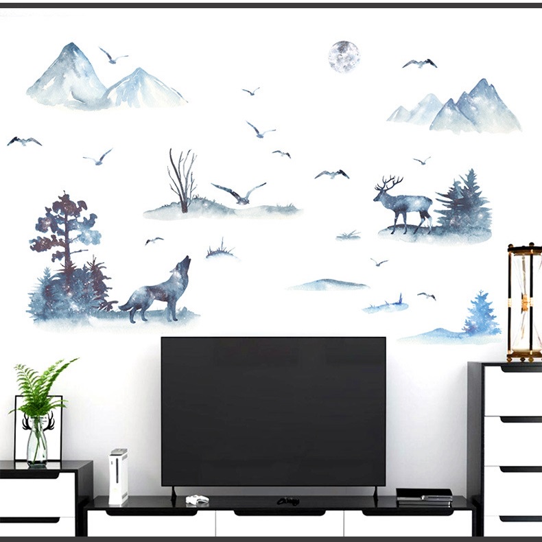 Decal dán tường Tranh thủy mặc núi rừng trang trí phòng khách AMYSHOP