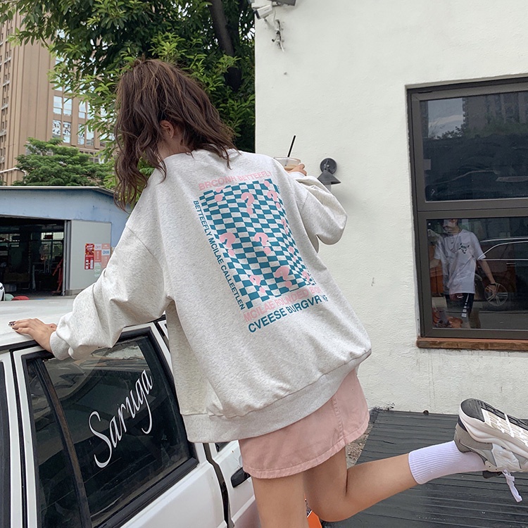 Áo sweater PEWARN cổ tròn tay dài dáng rộng in họa tiết caro màu tím phong cách Hàn Quốc thời trang mùa thu cho nữ